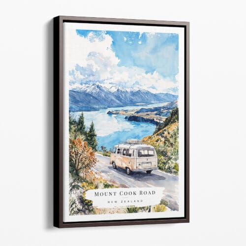 00 - Framed Mount Cook Road NZ Watercolor Canvas Print - Portrait - Main.jpg