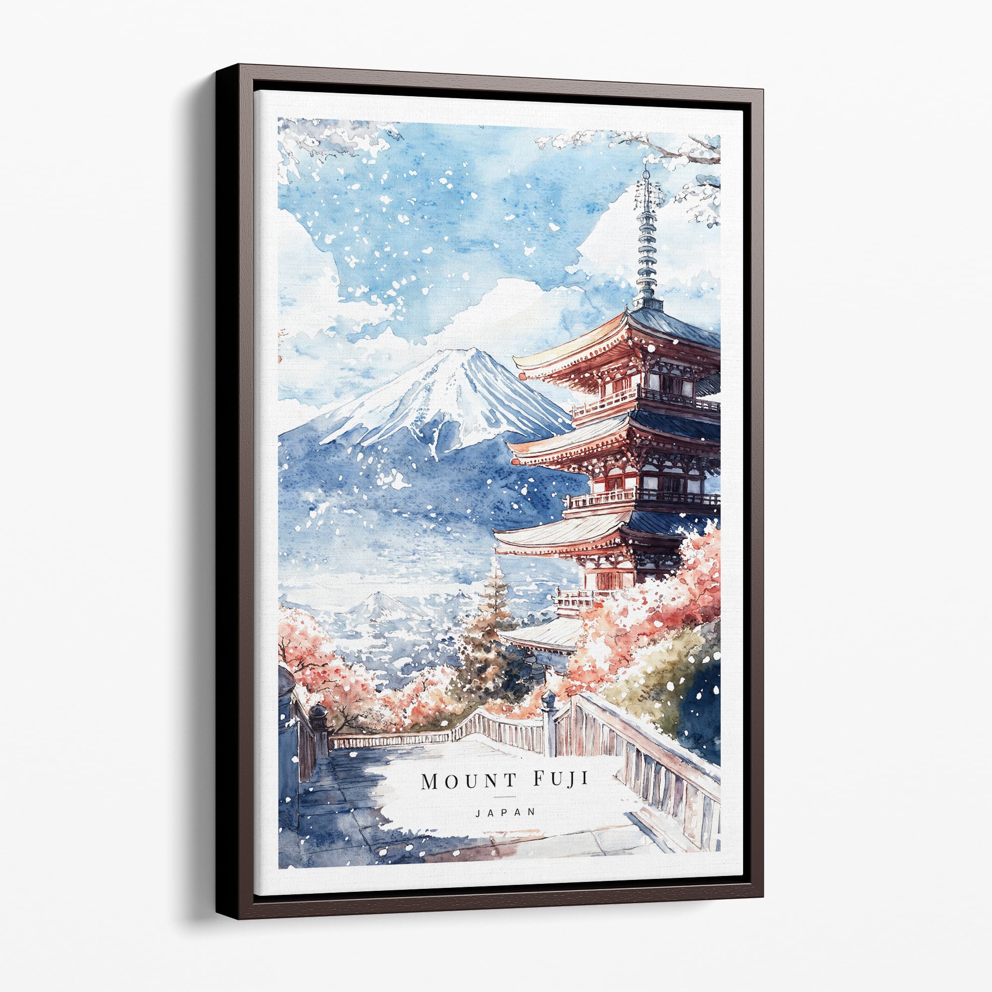 Framed Mount Fuji and Pagoda Watercolor Canvas Print - Elegant Japanese Landscape Art