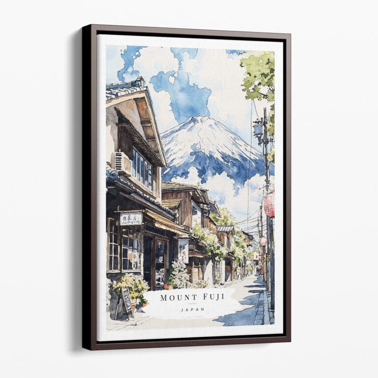 00 - Framed Mount Fuji and Village - Watercolor Canvas Print - Portrait - Main.jpg