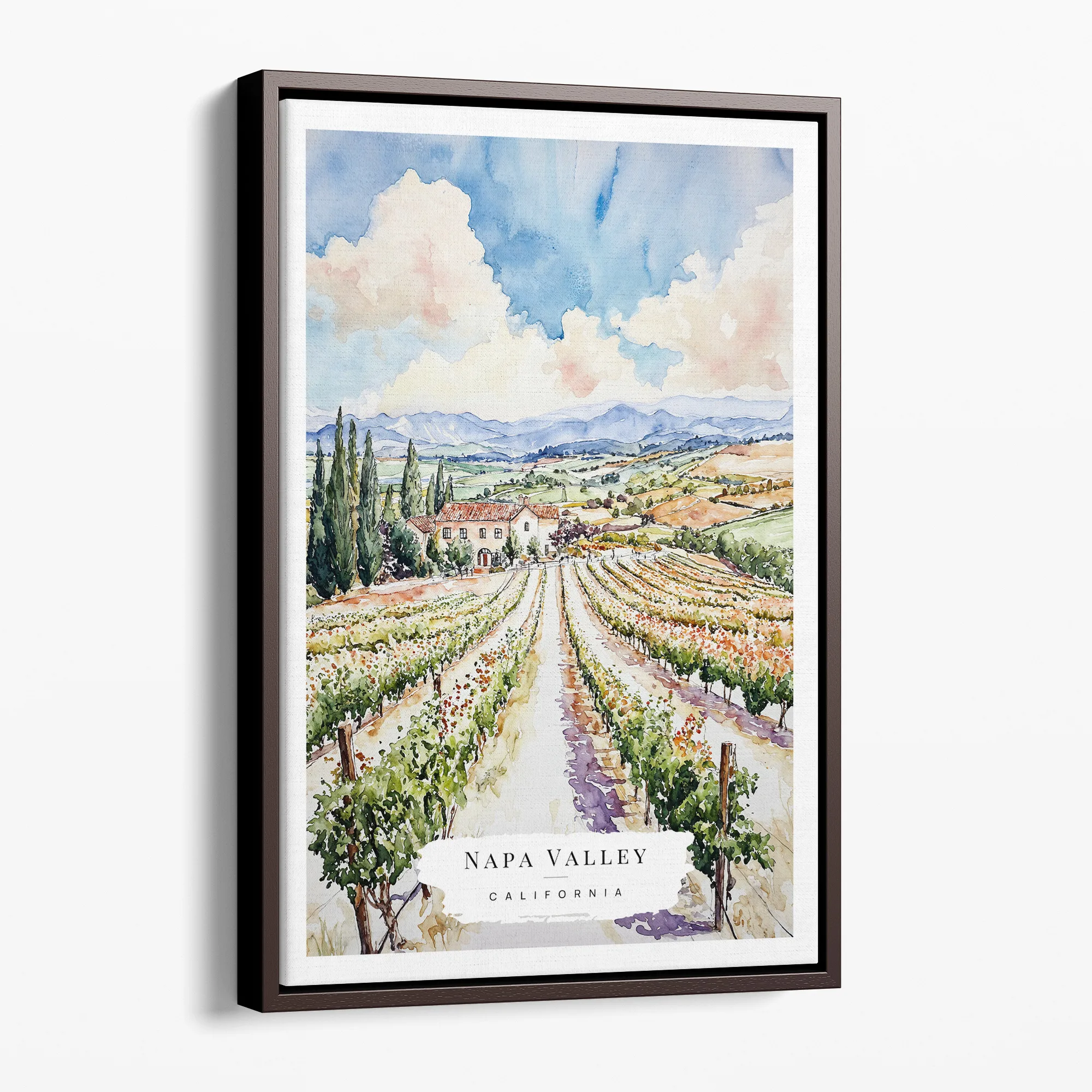 Napa Valley Vineyard Watercolor Canvas Art Print - Scenic California Landscape