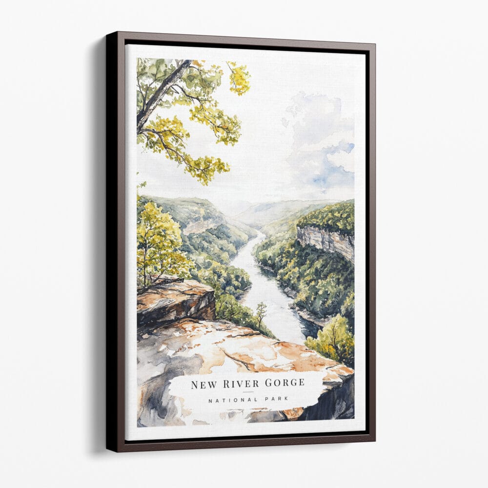 00 - Framed New River Gorge National Park Watercolor Canvas Print - Portrait - Main.jpg