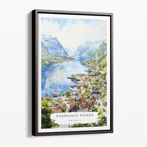 00 - Framed Norwegian Fjords Watercolor Canvas Print - Portrait - Main.jpg