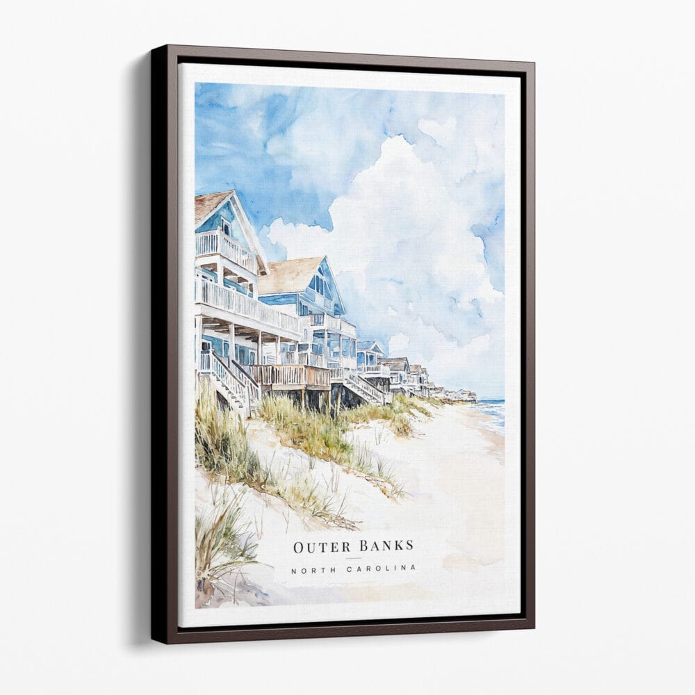 00 - Framed Outer Banks Cottage Watercolor Canvas Print - Portrait - Main.jpg