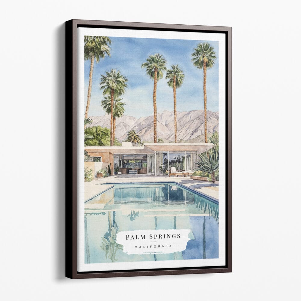 00 - Framed Palm Springs Pool Villa Watercolor Canvas Print - Portrait - Main.jpg