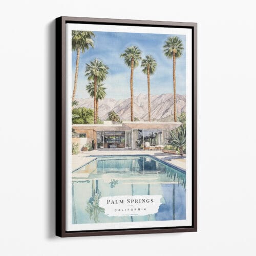 00 - Framed Palm Springs Pool Villa Watercolor Canvas Print - Portrait - Main.jpg