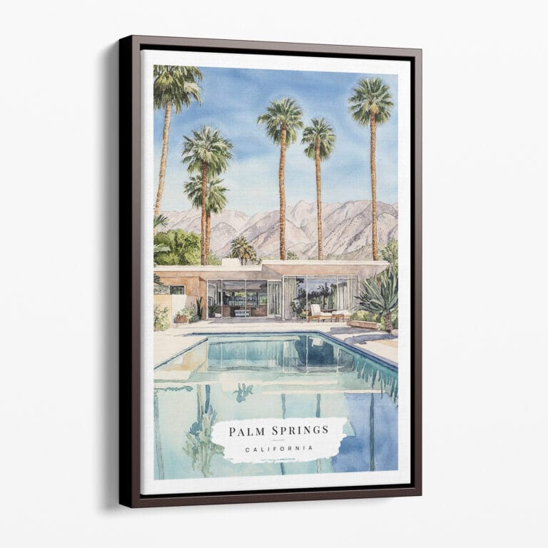 00 - Framed Palm Springs Pool Villa Watercolor Canvas Print - Portrait - Main.jpg