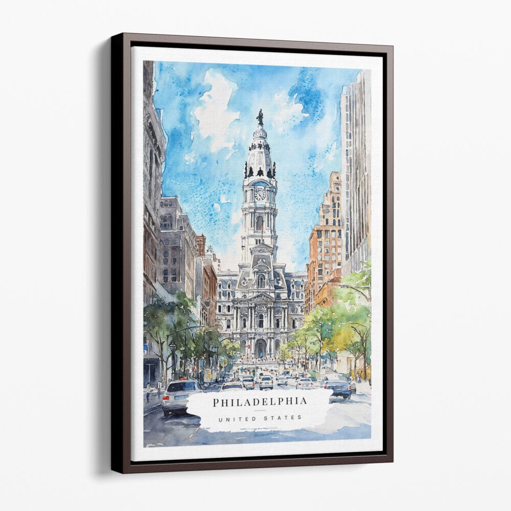 00 - Framed Philadelphia City Hall Watercolor Canvas Print - Portrait - Main.jpg