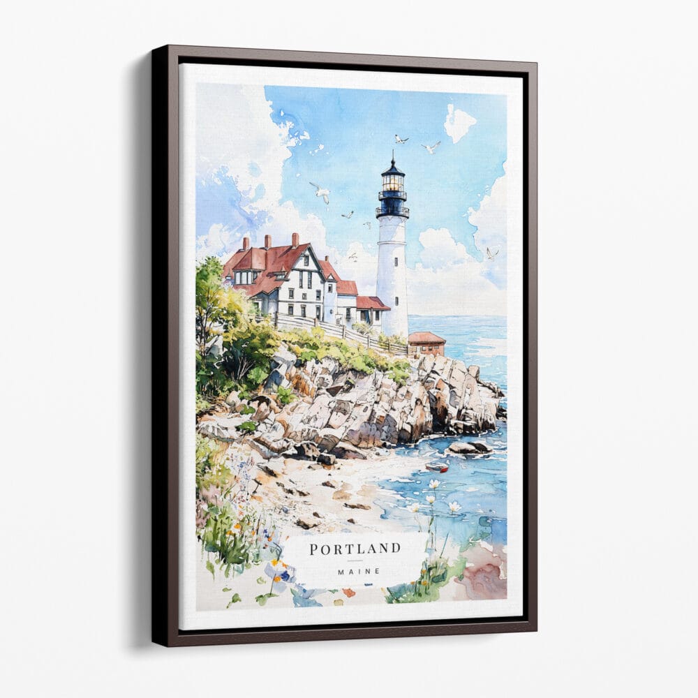 00 - Framed Portland Maine Watercolor Canvas Print - Portrait - Main.jpg