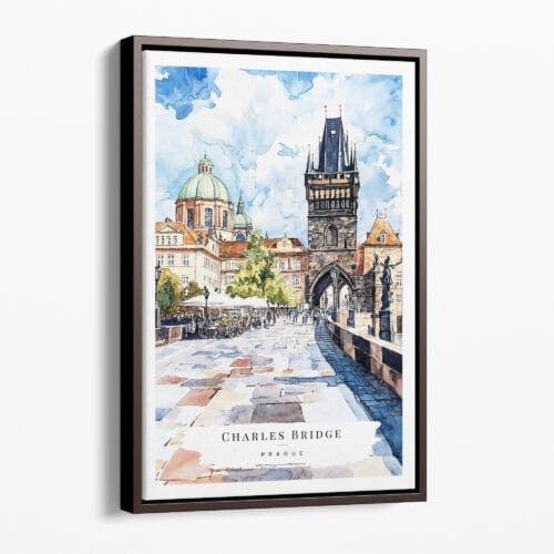 00 - Framed Prague Charles Bridge Watch Tower- Watercolor Canvas Print - Portrait - Main.jpg