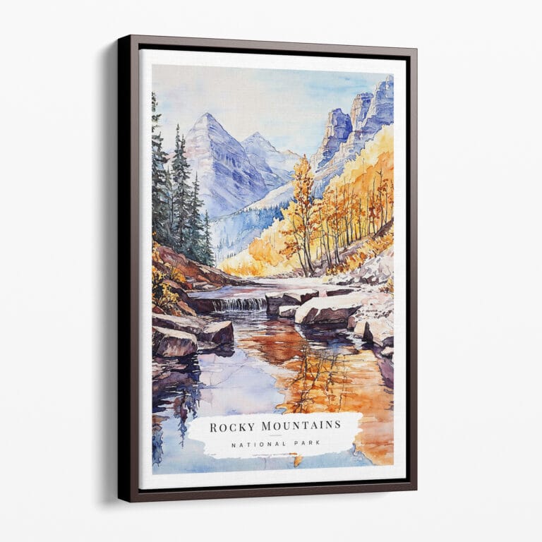 00 - Framed Rocky Mountains Canada Watercolor Canvas Print - Portrait - Main.jpg