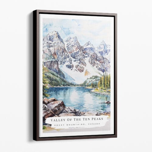 00 - Framed Rocky Mountains Valley of the Ten Peaks Watercolor Canvas Print - Portrait - Main.jpg