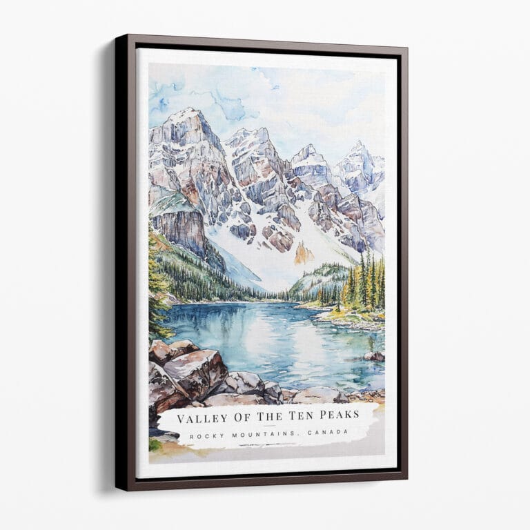 00 - Framed Rocky Mountains Valley of the Ten Peaks Watercolor Canvas Print - Portrait - Main.jpg