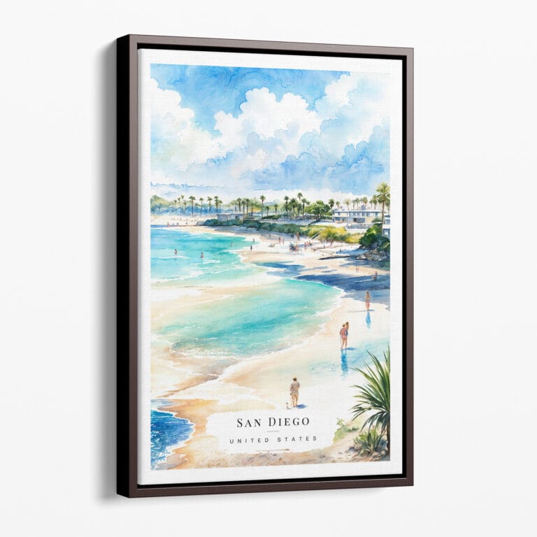 00 - Framed San Diego Beach Watercolor Canvas Print - Portrait - Main.jpg