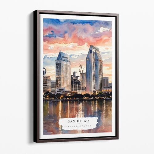 00 - Framed San Diego Skyline Watercolor Canvas Print - Portrait - Main.jpg