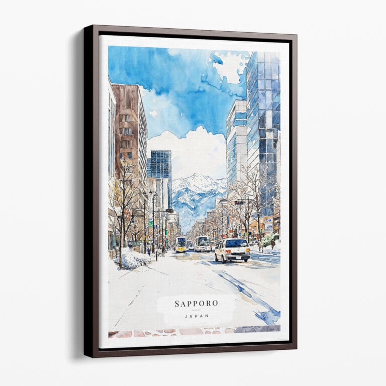 00 - Framed Sapporo City - Watercolor Canvas Print - Portrait - Main.jpg