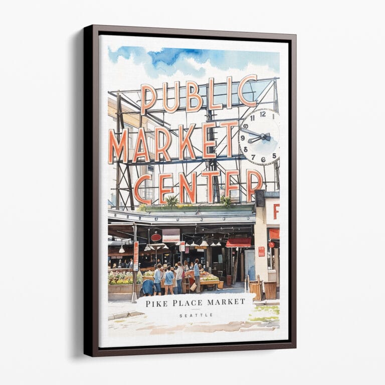 00 - Framed Seattle Pike Place Market Watercolor Canvas Print - Portrait - Main.jpg