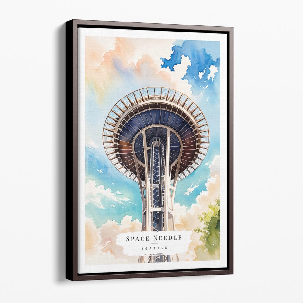 00 - Framed Seattle Space Needle Closeup Watercolor Canvas Print - Portrait - Main.jpg