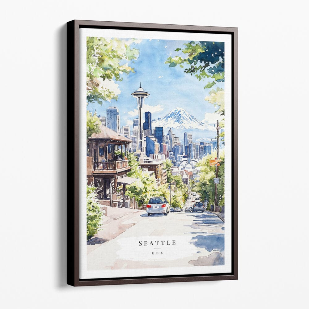 00 - Framed Seattle - Space Needle - Watercolor Canvas Print - Portrait - Main.jpg