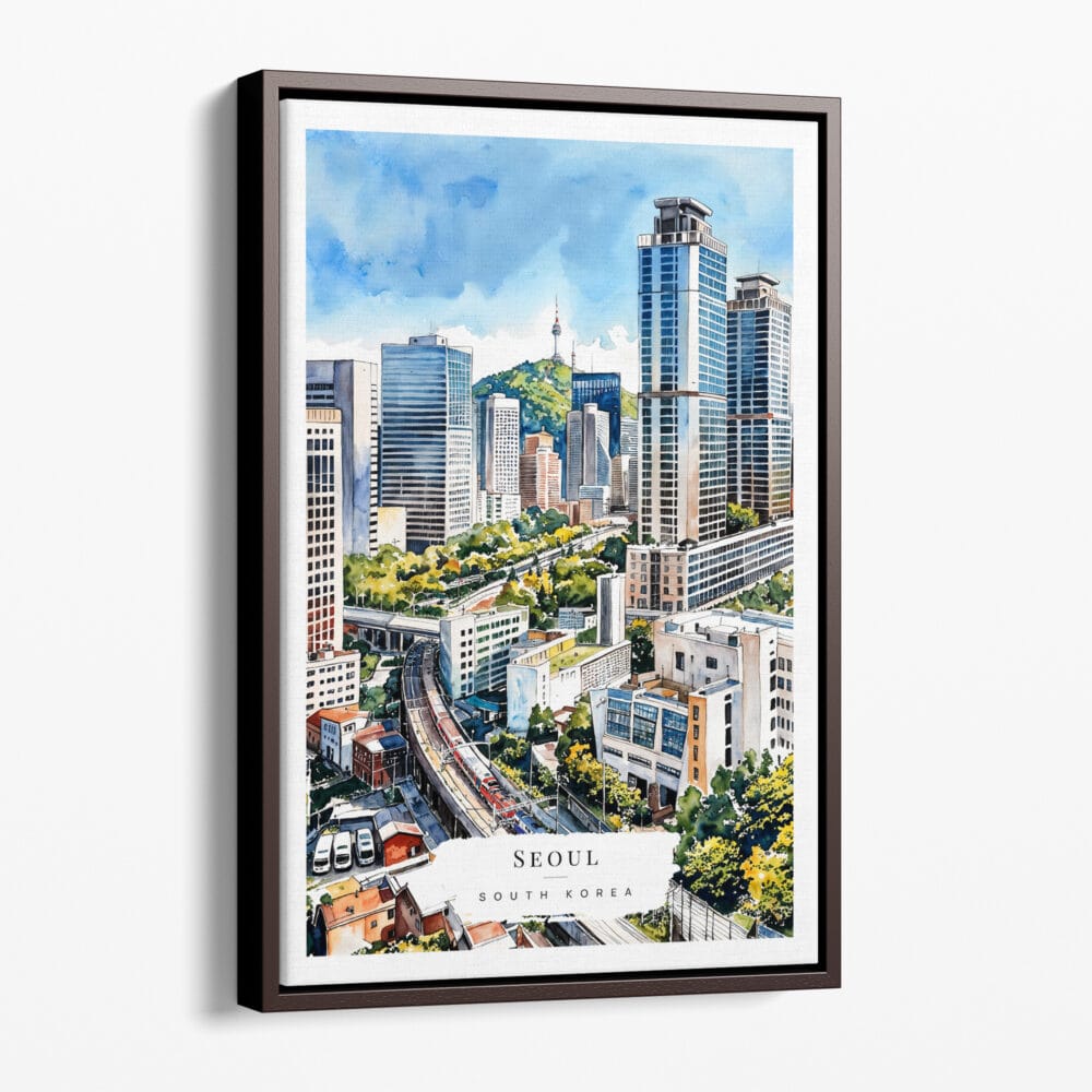 00 - Framed Seoul Skyline Watercolor Canvas Print - Portrait - Main.jpg