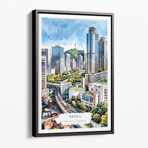 00 - Framed Seoul Skyline Watercolor Canvas Print - Portrait - Main.jpg