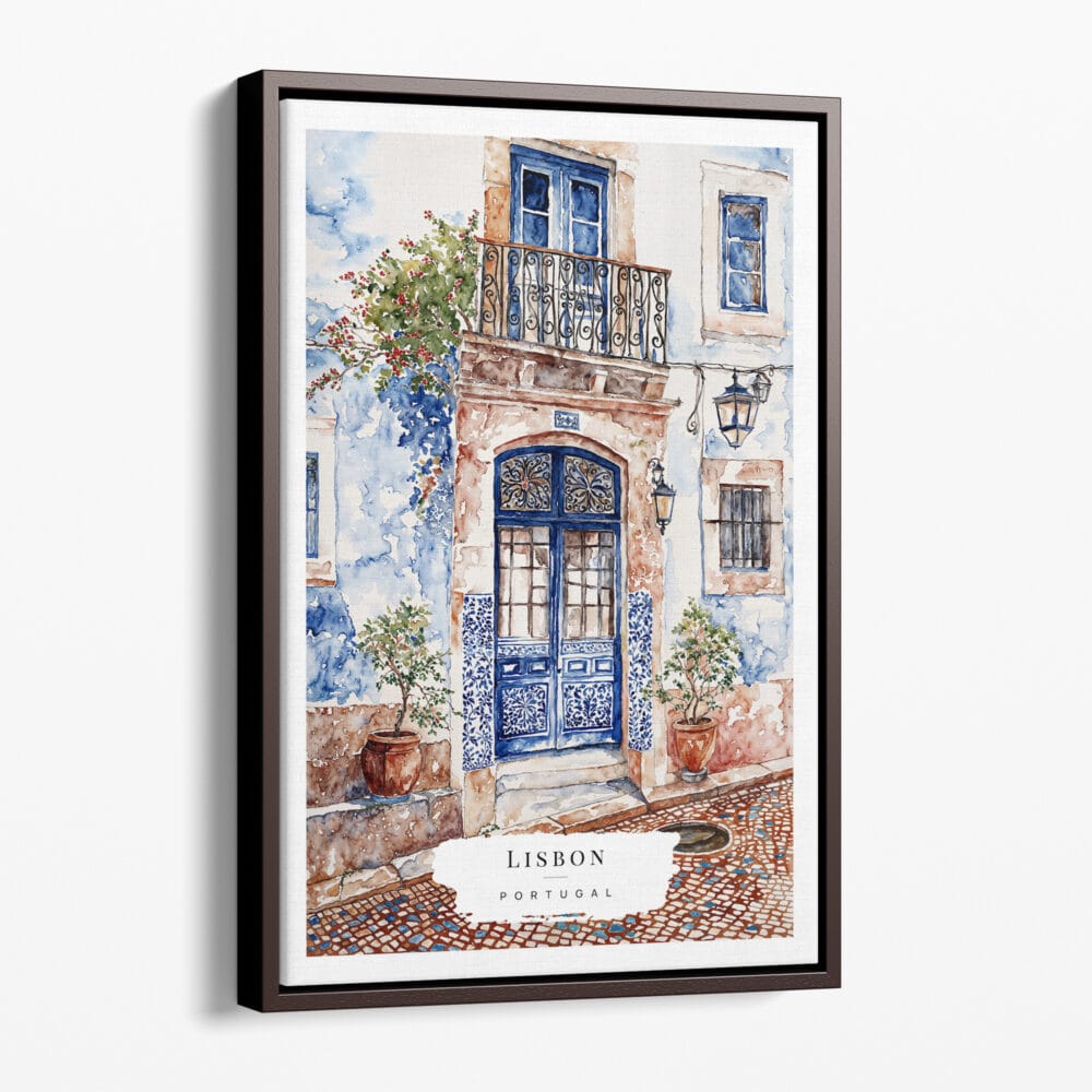 00 - Framed Streets of Lisbon Portugal Watercolor Canvas Print - Portrait - Main.jpg