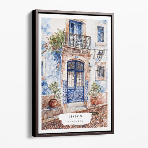 00 - Framed Streets of Lisbon Portugal Watercolor Canvas Print - Portrait - Main.jpg