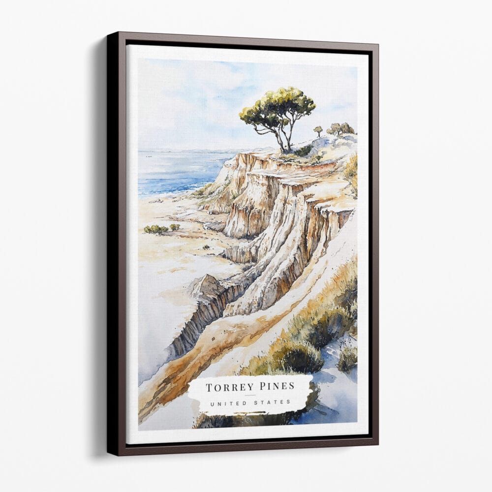 00 - Framed Torrey Pines San Diego Watercolor Canvas Print - Portrait - Main.jpg