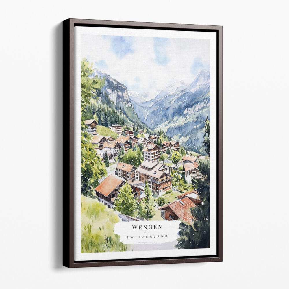 00 - Framed Wengen Switzerland Watercolor Canvas Print - Portrait - Main.jpg