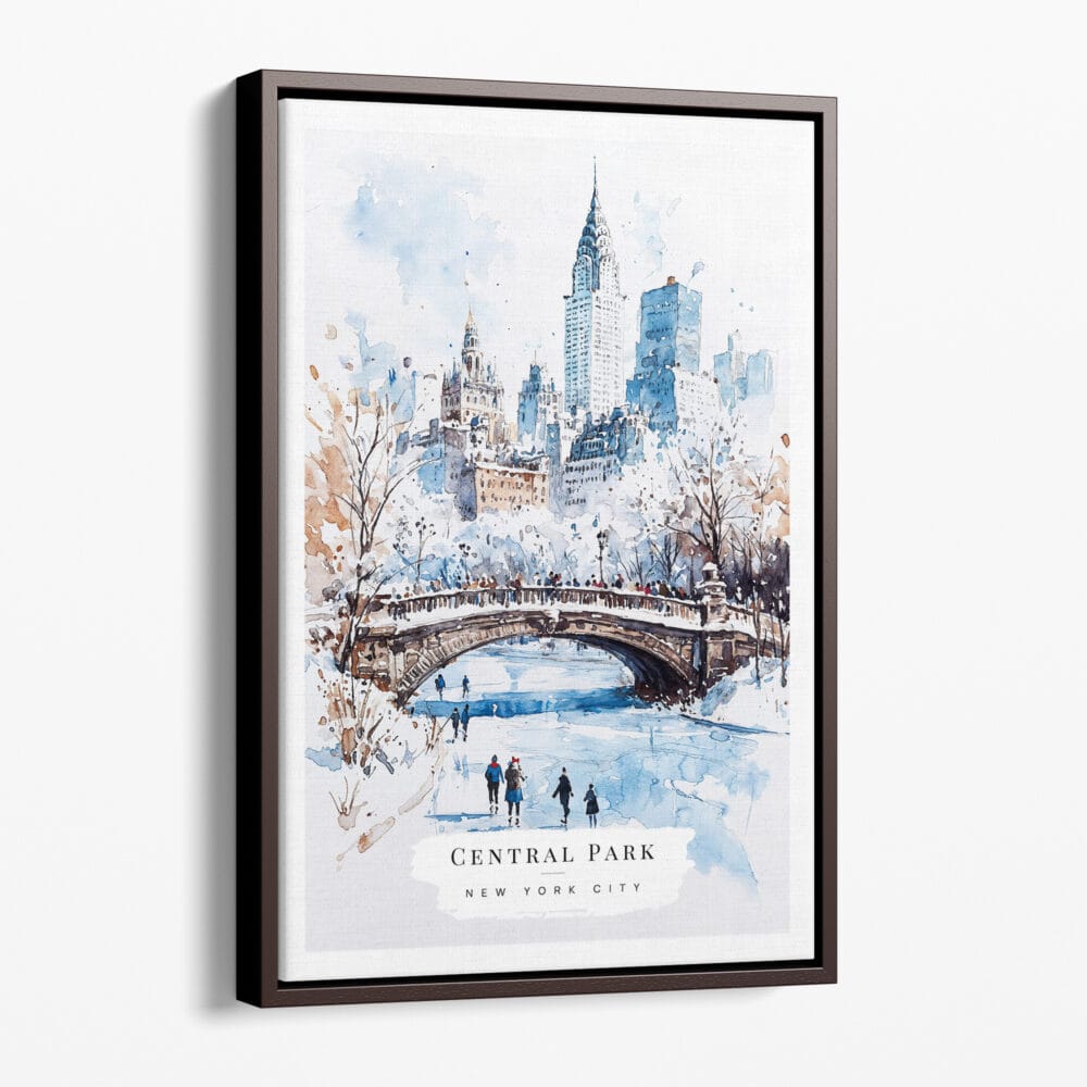 00 - Framed White Christmas Central Park New York Watercolor Canvas Print - Portrait - Main.jpg