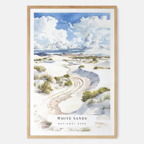 00 - White Sands National Park Watercolor Art Print - Main - Wood Frame.jpg