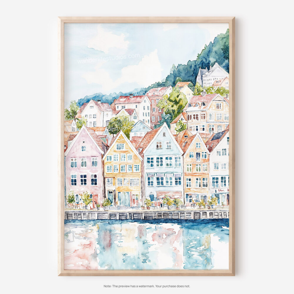 01 - Bergen Norway Houses Watercolor Art - Digital Downloads - Main.jpg