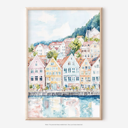 01 - Bergen Norway Houses Watercolor Art - Digital Downloads - Main.jpg