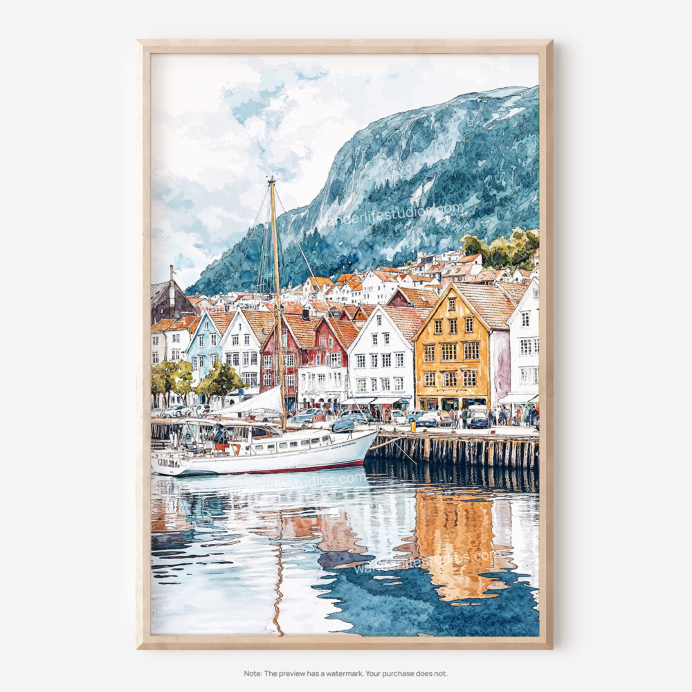 01 - Bergen Norway Watercolor Art - Digital Downloads - Main.jpg