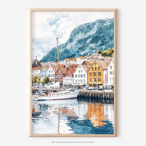 01 - Bergen Norway Watercolor Art - Digital Downloads - Main.jpg