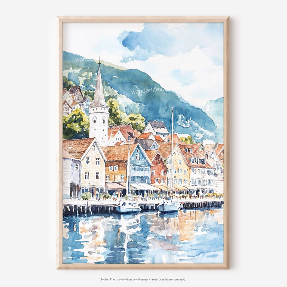 01 - Bergen Norway Waterfront Watercolor Art - Digital Downloads - Main.jpg