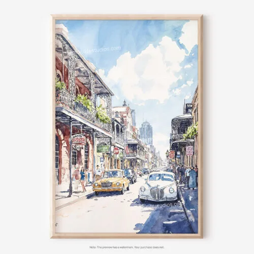 01 - Bourbon Street New Orleans Watercolor Art - Digital Downloads - Main.jpg