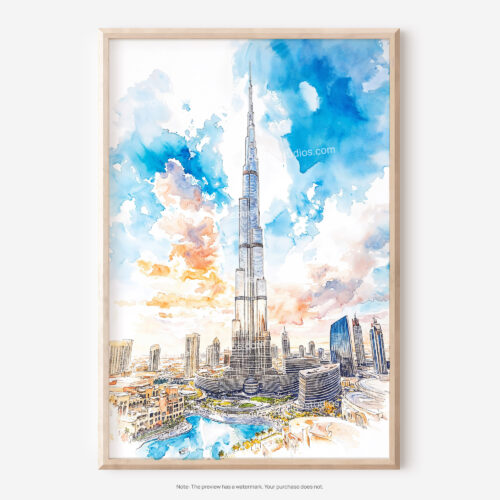 01 - Burj Khalifa Dubai Watercolor Art - Digital Downloads - Main.jpg