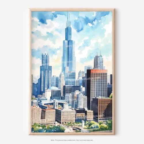 01 - Chicago Willis Tower Watercolor Art - Digital Downloads - Main.jpg