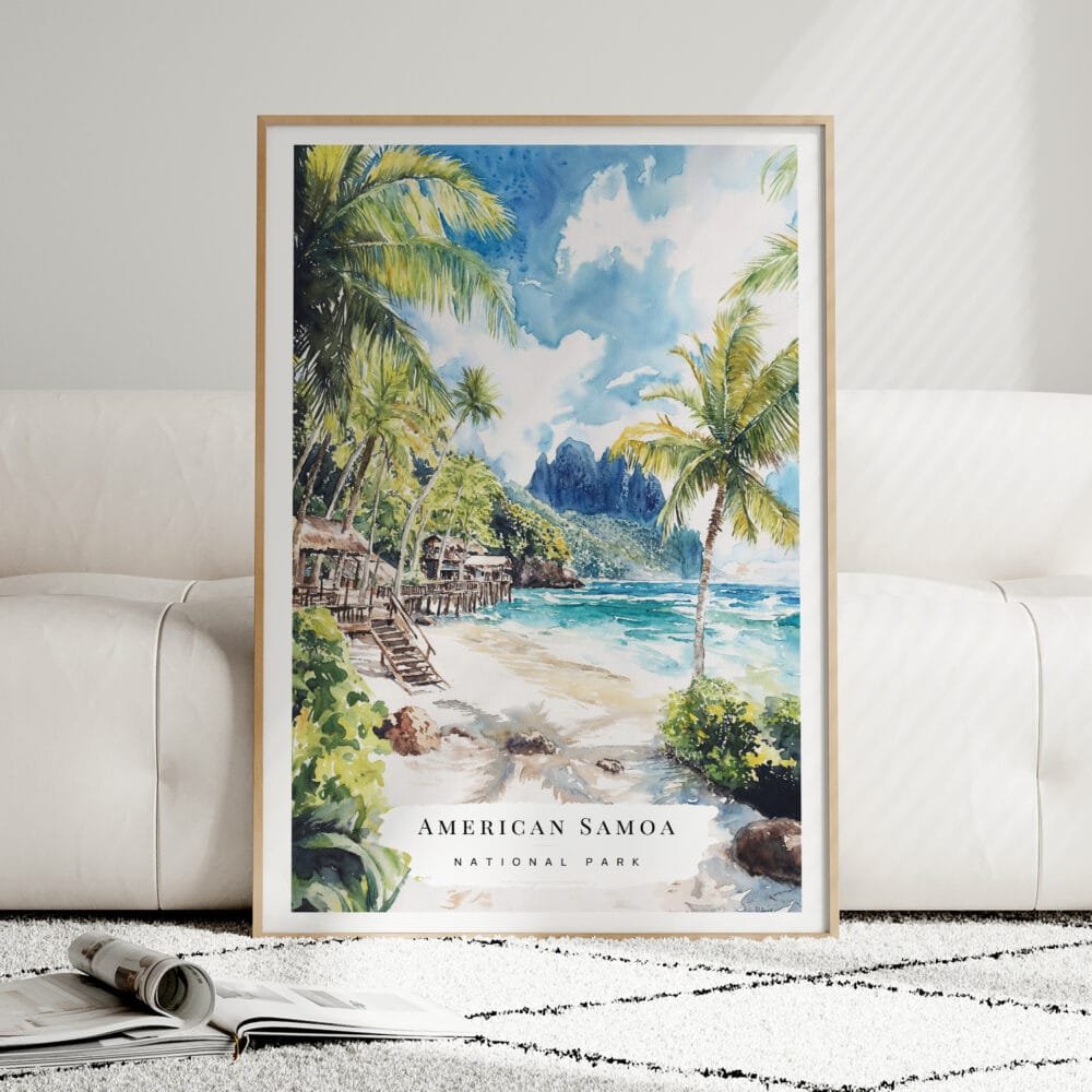 01 - Framed American Samoa National Park Watercolor Wall Art leaning against couch - Portrait.jpg 01 - Framed American Samoa National Park Watercolor Wall Art leaning against couch - Portrait.jpg