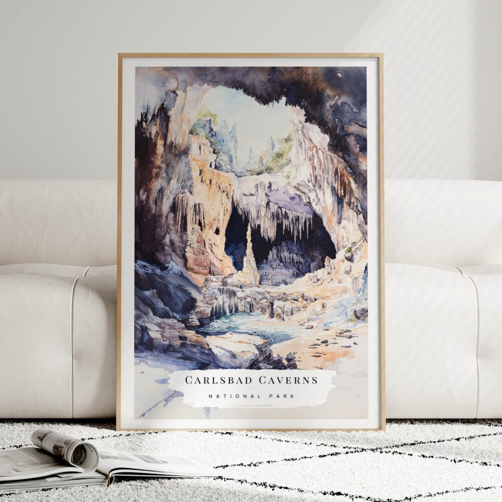 01 - Framed Carlsbad Caverns National Park Watercolor Wall Art leaning against couch - Portrait.jpg 01 - Framed Carlsbad Caverns National Park Watercolor Wall Art leaning against couch - Portrait.jpg