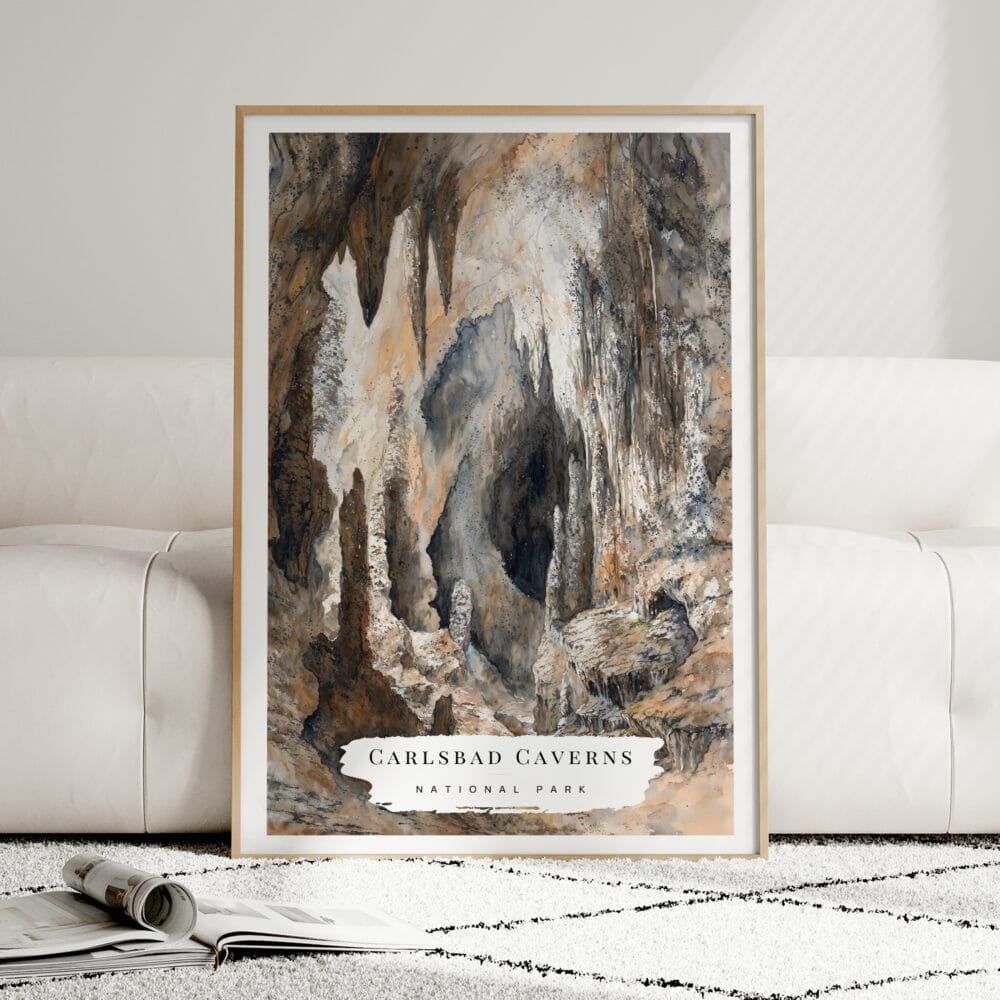 01 - Framed Carlsbad Caverns Watercolor Wall Art leaning against couch - Portrait.jpg 01 - Framed Carlsbad Caverns Watercolor Wall Art leaning against couch - Portrait.jpg