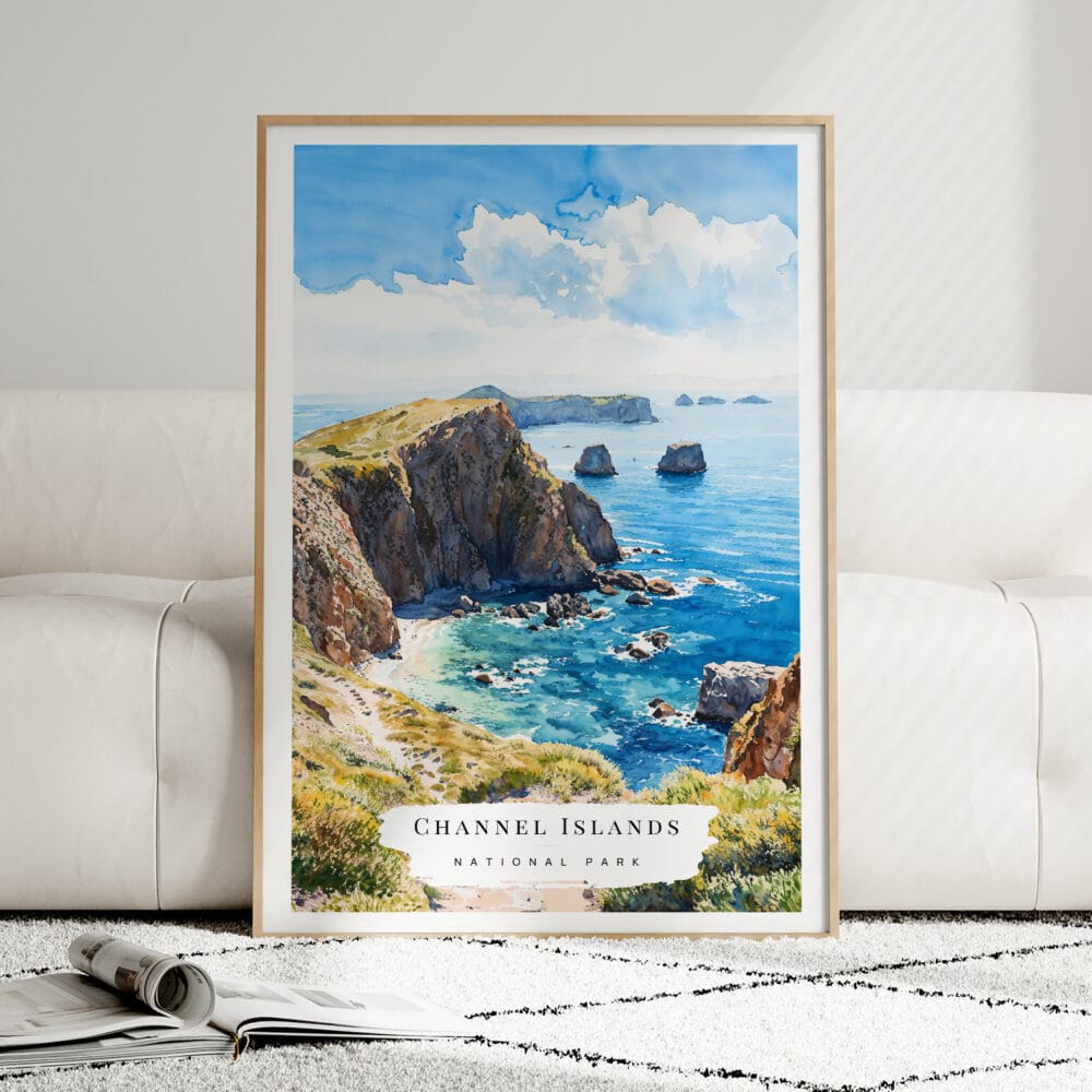 01 - Framed Channel Islands National Park Watercolor Wall Art leaning against couch - Portrait.jpg 01 - Framed Channel Islands National Park Watercolor Wall Art leaning against couch - Portrait.jpg