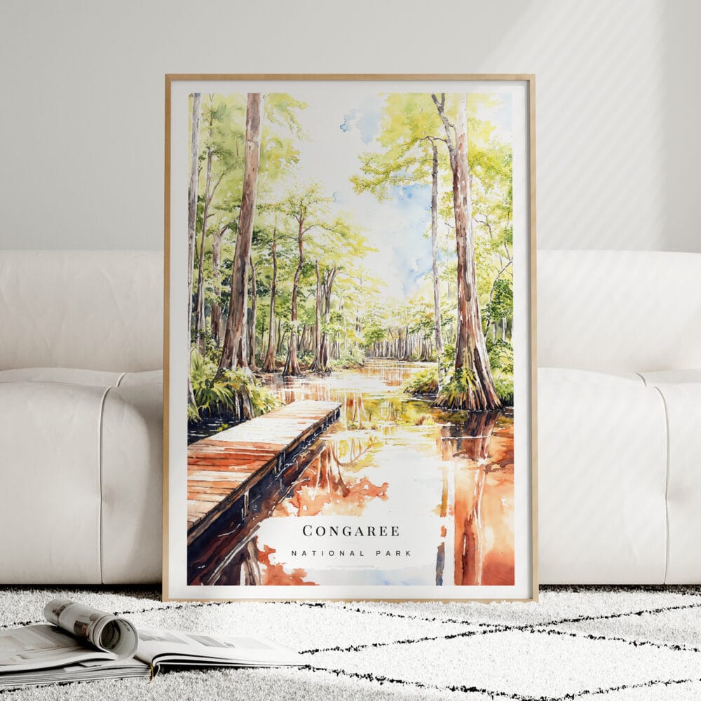 01 - Framed Congaree National Park Watercolor Wall Art leaning against couch - Portrait.jpg 01 - Framed Congaree National Park Watercolor Wall Art leaning against couch - Portrait.jpg