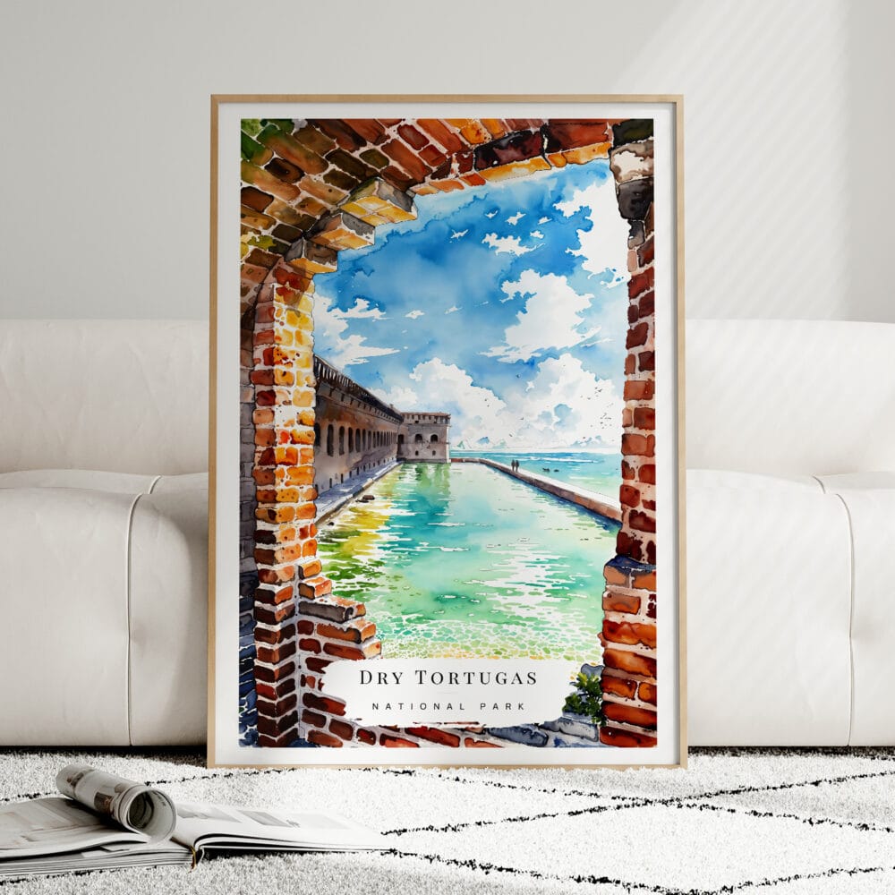 01 - Framed Dry Tortugas National Park Watercolor Wall Art leaning against couch - Portrait.jpg 01 - Framed Dry Tortugas National Park Watercolor Wall Art leaning against couch - Portrait.jpg