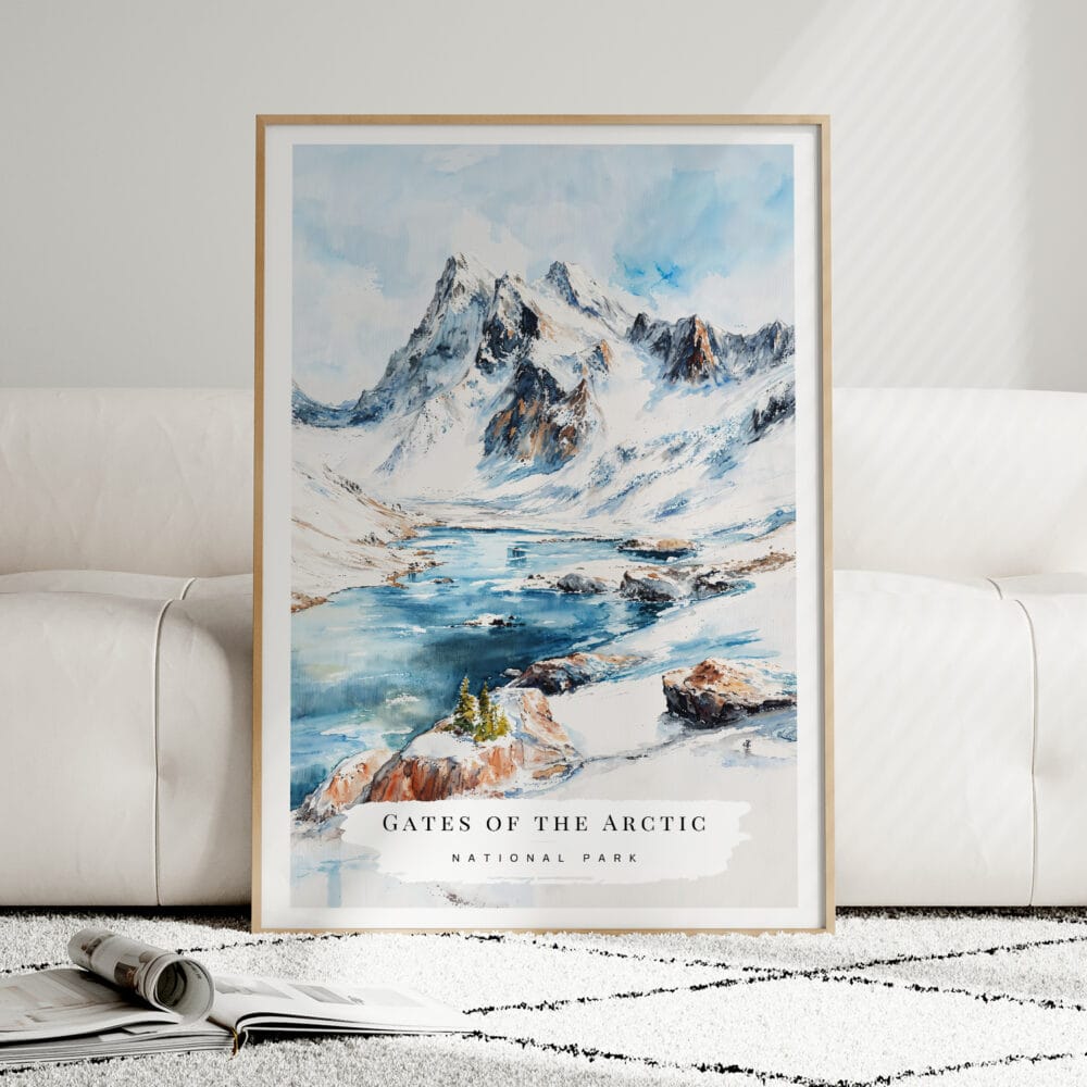 01 - Framed Gates of the Arctic National Park Watercolor Wall Art leaning against couch - Portrait.jpg 01 - Framed Gates of the Arctic National Park Watercolor Wall Art leaning against couch - Portrait.jpg