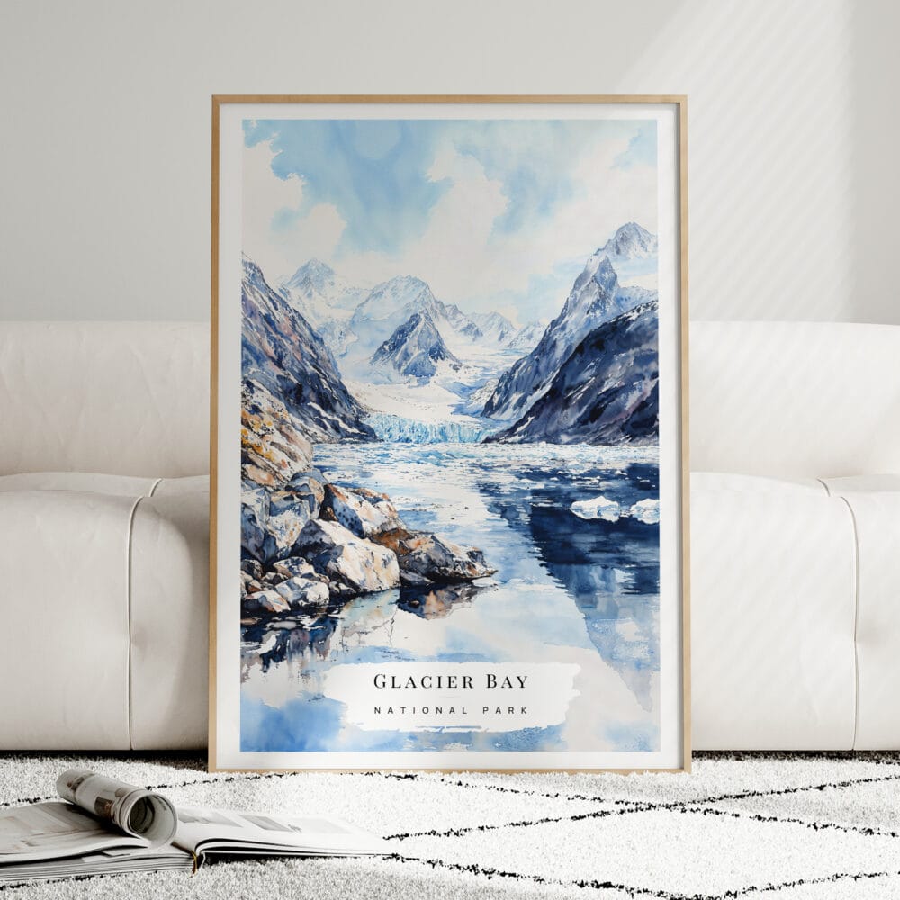 01 - Framed Glacier Bay National Park Watercolor Wall Art leaning against couch - Portrait.jpg 01 - Framed Glacier Bay National Park Watercolor Wall Art leaning against couch - Portrait.jpg