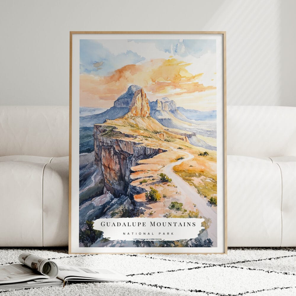 01 - Framed Guadalupe Mountains National Park Watercolor Wall Art leaning against couch - Portrait.jpg 01 - Framed Guadalupe Mountains National Park Watercolor Wall Art leaning against couch - Portrait.jpg