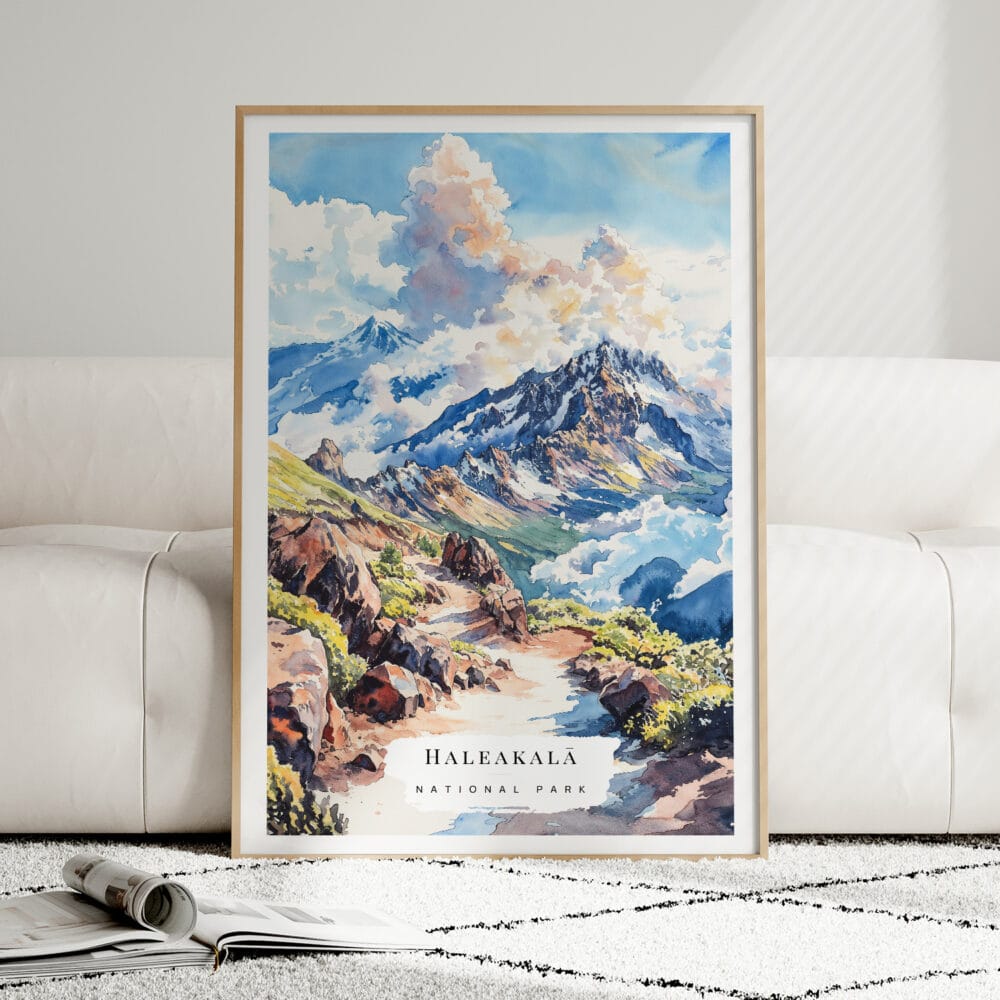 01 - Framed Haleakalā National Park Watercolor Wall Art leaning against couch - Portrait.jpg 01 - Framed Haleakalā National Park Watercolor Wall Art leaning against couch - Portrait.jpg