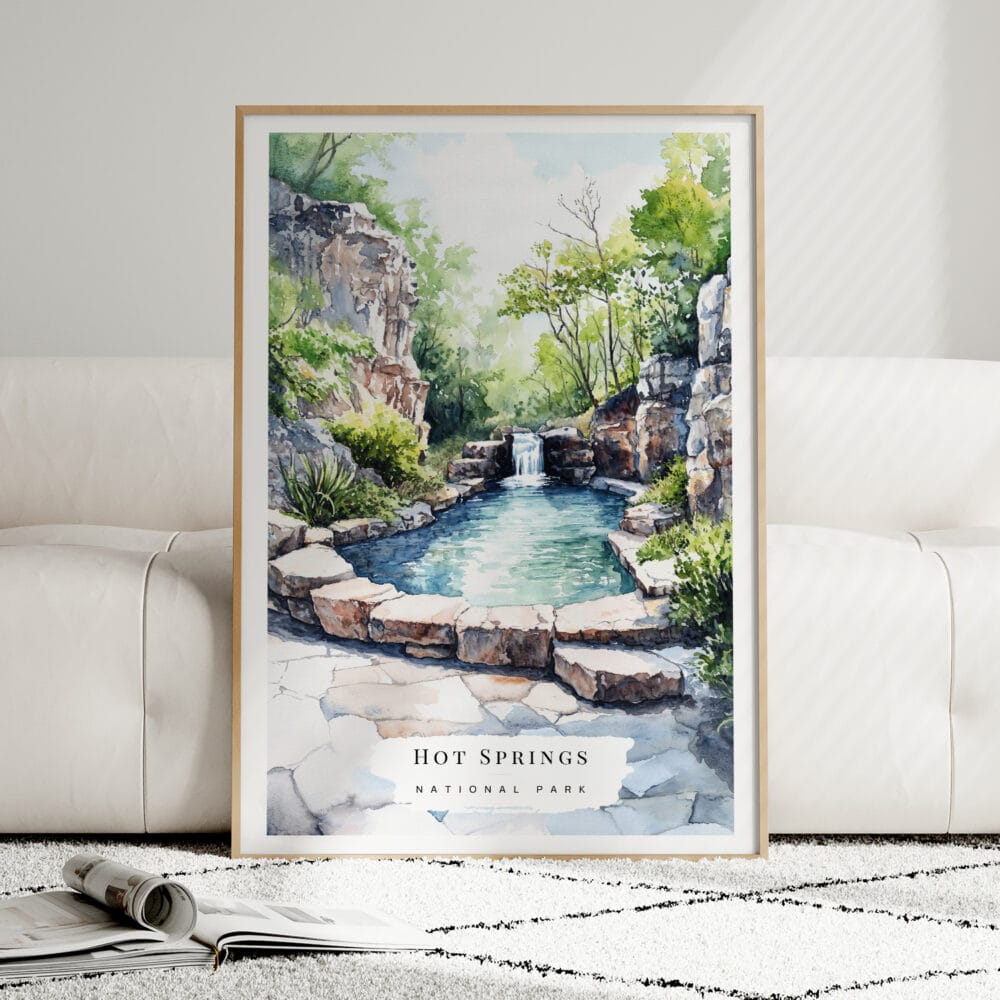 01 - Framed Hot Springs National Park Watercolor Wall Art leaning against couch - Portrait.jpg 01 - Framed Hot Springs National Park Watercolor Wall Art leaning against couch - Portrait.jpg