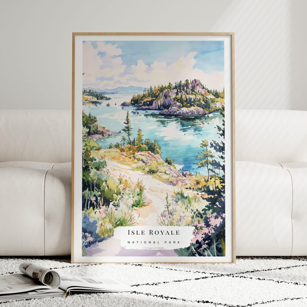 01 - Framed Isle Royale National Park Watercolor Wall Art leaning against couch - Portrait.jpg 01 - Framed Isle Royale National Park Watercolor Wall Art leaning against couch - Portrait.jpg
